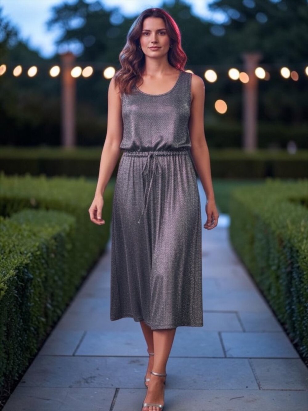 Anthropologie Dolan Dress Metallic Knit Dress XL Silver Midi